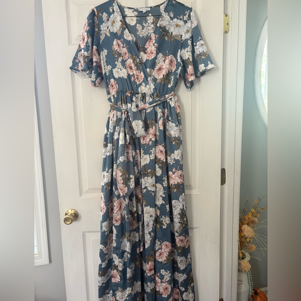Baltic Born Blue Floral Maxi Dress with Pink & White Blossoms